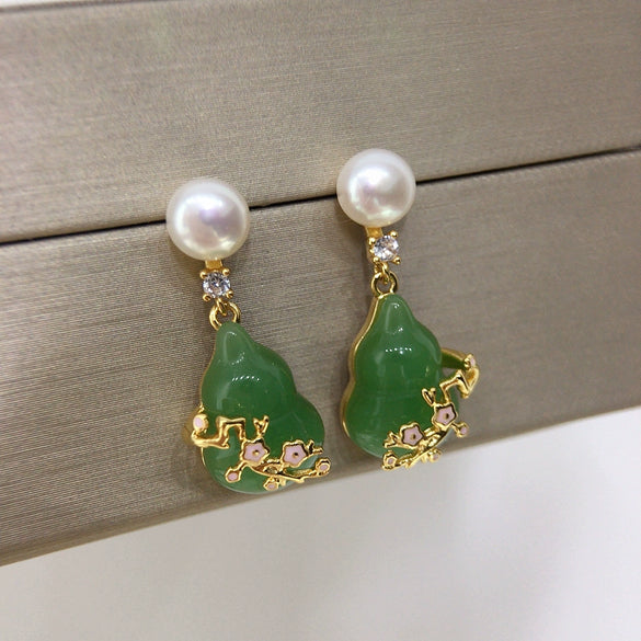 Women's Freshwater Pearl And Chalcedony Gourd Earrings With Plum Blossom Pattern S925 Sterling Silver Needle