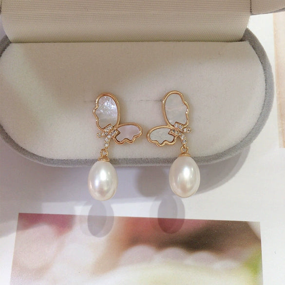 Women's Freshwater Pearl And Natural Shell Sea Motherofpearl Butterfly Earrings Rice And Droplet Shape