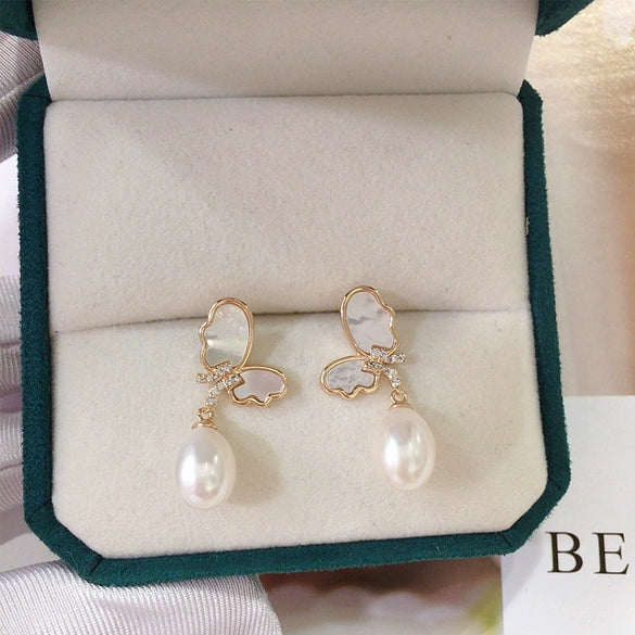 Women's Freshwater Pearl And Natural Shell Sea Motherofpearl Butterfly Earrings Rice And Droplet Shape