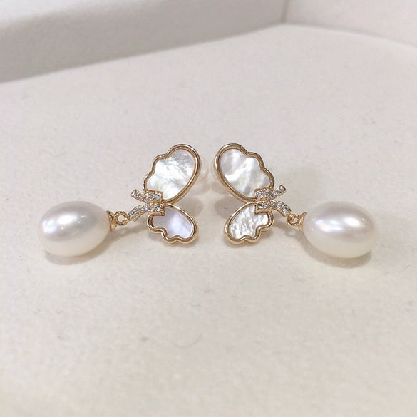 Women's Freshwater Pearl And Natural Shell Sea Motherofpearl Butterfly Earrings Rice And Droplet Shape