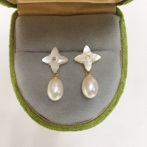 Women's Freshwater Pearl And Seashell Fritillaria Four Leaf Clover Drop Earrings Oblate And Rice Shape S925