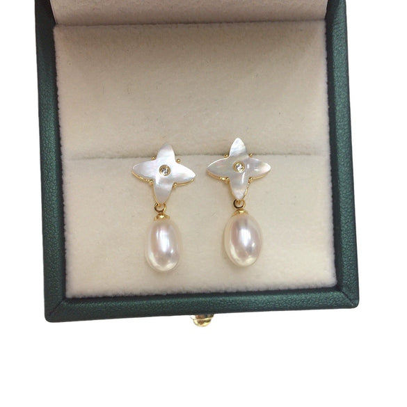 Women's Freshwater Pearl And Seashell Fritillaria Four Leaf Clover Drop Earrings Oblate And Rice Shape S925