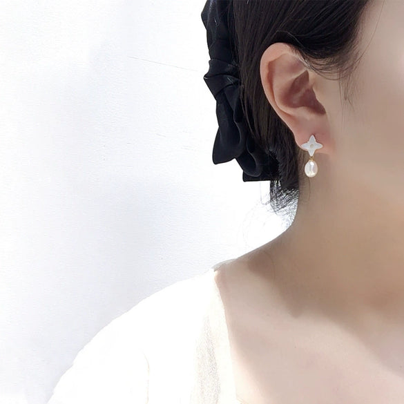 Women's Freshwater Pearl And Seashell Fritillaria Four Leaf Clover Drop Earrings Oblate And Rice Shape S925