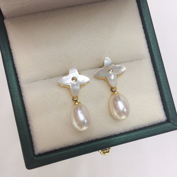 Women's Freshwater Pearl And Seashell Fritillaria Four Leaf Clover Drop Earrings Oblate And Rice Shape S925