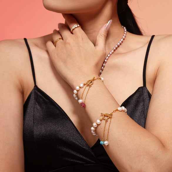 Women's Freshwater Pearl And Titanium Steel Bracelet With Geometric Pattern Natural Stone Pendant And Electroplating Ot Buckle And Tassel