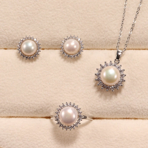 Women's Freshwater Pearl And Zircon Inlaid Jewelry Earrings Rings Necklaces