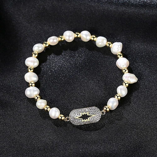 Women's Freshwater Pearl Bracelet With Zircon Accents Geometric Minimalist Copper Design With Electroplated Finish