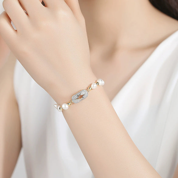 Women's Freshwater Pearl Bracelet With Zircon Accents Geometric Minimalist Copper Design With Electroplated Finish