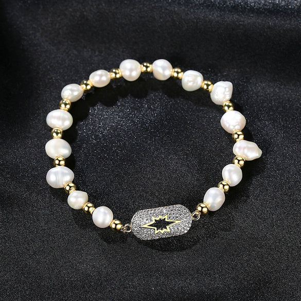 Women's Freshwater Pearl Bracelet With Zircon Accents Geometric Minimalist Copper Design With Electroplated Finish