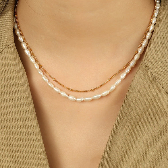 Women's Freshwater Pearl Double Layer Necklace 316L Stainless Steel Electroplated Fashion Style