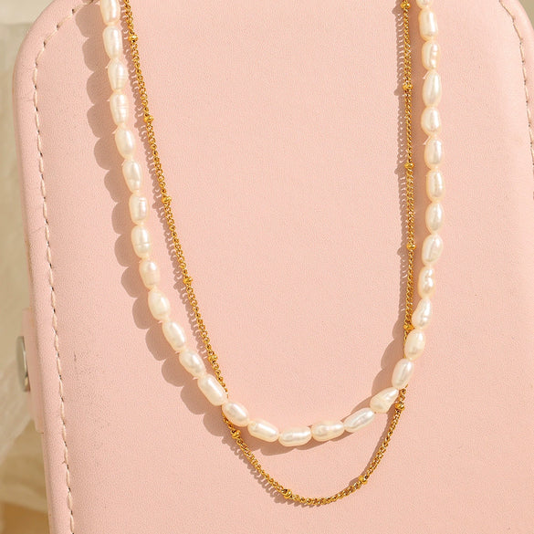 Women's Freshwater Pearl Double Layer Necklace 316L Stainless Steel Electroplated Fashion Style
