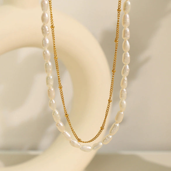Women's Freshwater Pearl Double Layer Necklace 316L Stainless Steel Electroplated Fashion Style
