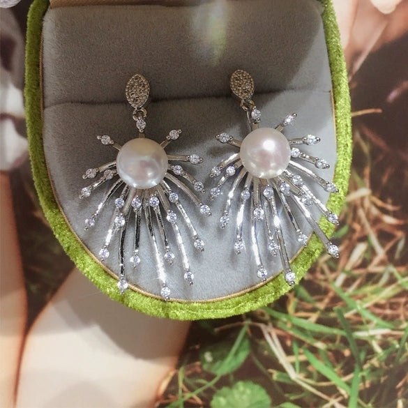 Women's Freshwater Pearl Earrings K Gold Craft S925 Silver Needle Alloy Inlaid Gemstones Round Shape