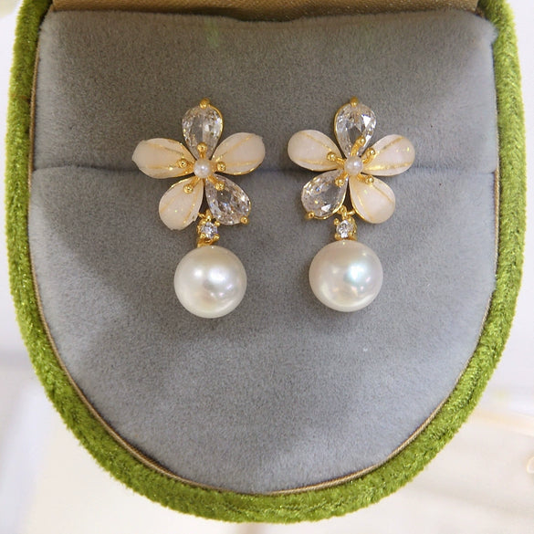 Women's Freshwater Pearl Earrings S925 Sterling Silver Oblate Natural Pearl Ear Pin