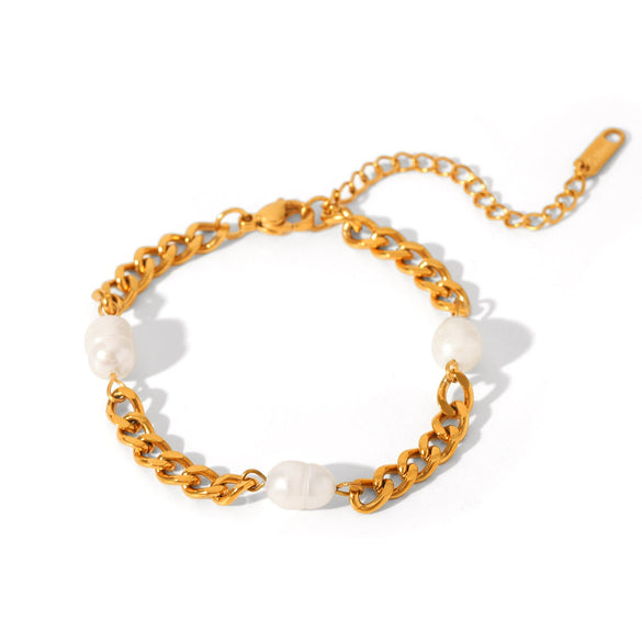 Women's Freshwater Pearl Geometric Stainless Steel 18K Goldplated Bracelet