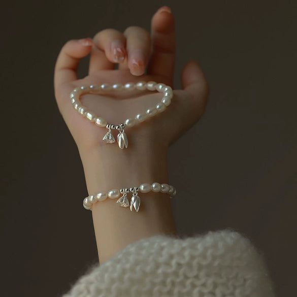 Women's Freshwater Pearl Lotus Beaded Bracelet With Thread Rope And Electroplating