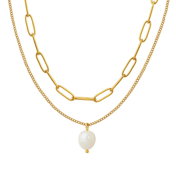 Women's Freshwater Pearl Pendant Multilayer Stacked Clavicle Necklace 316L Stainless Steel Geometric Electroplated