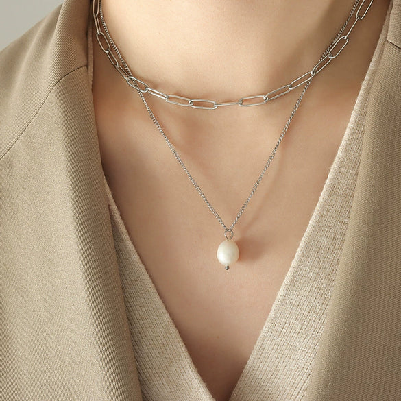 Women's Freshwater Pearl Pendant Multilayer Stacked Clavicle Necklace 316L Stainless Steel Geometric Electroplated