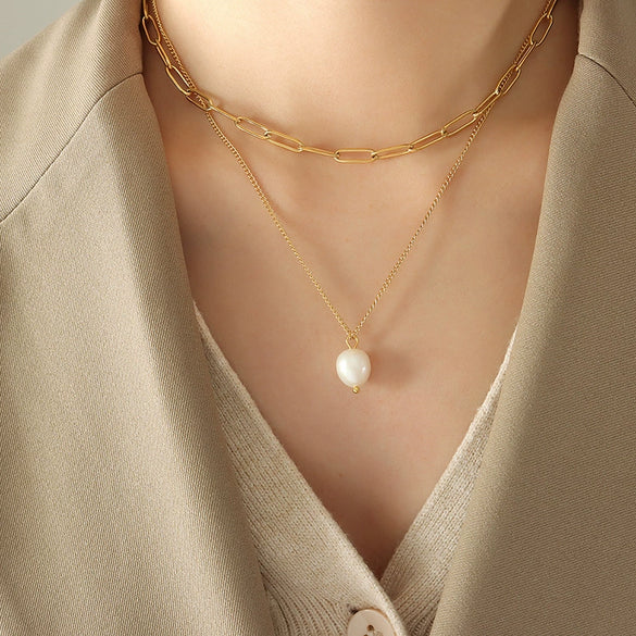 Women's Freshwater Pearl Pendant Multilayer Stacked Clavicle Necklace 316L Stainless Steel Geometric Electroplated
