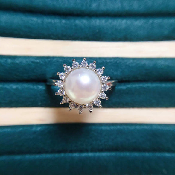 Women's Freshwater Pearl Ring 925 Silver Copper Plated With Real Gold Color And Round Shape Sunny Zircon Jewelry