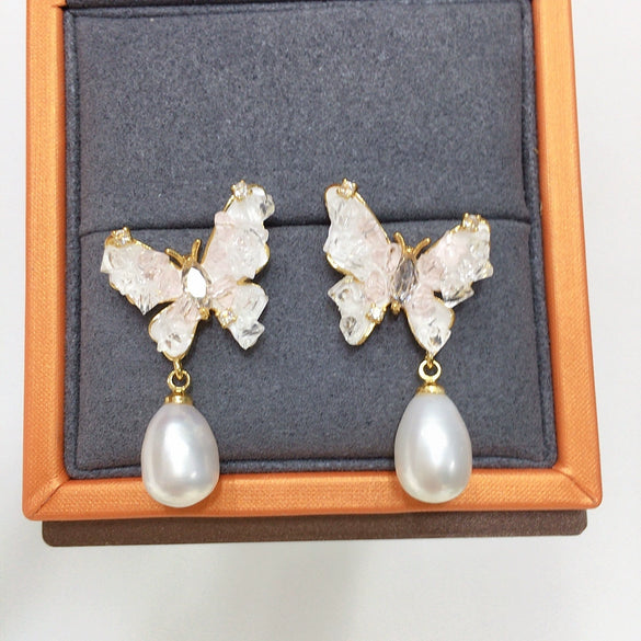 Women's Freshwater Pearl S925 Sterling Silver Earrings With Butterfly Design And Drop Shape
