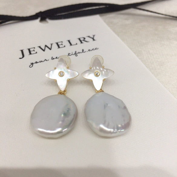 Women's Freshwater Pearl S925 Sterling Silver Earrings With Four Leaf Clover Design And Oblate Shape