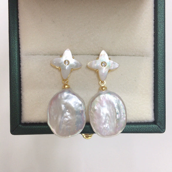 Women's Freshwater Pearl S925 Sterling Silver Earrings With Four Leaf Clover Design And Oblate Shape