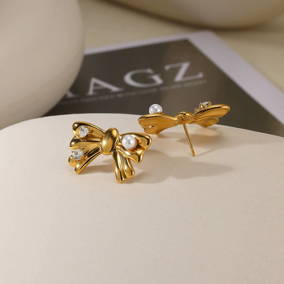 Women's Freshwater Pearl Stainless Steel Earrings With Heart Shape Bow Tie And Wave Pattern Electroplating Style