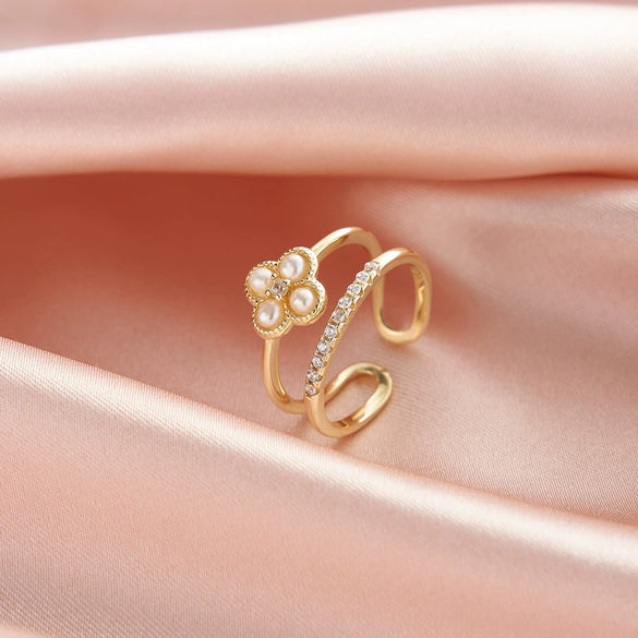 Women's Freshwater Pearl Zircon Open Ring S925 Sterling Silver Jewelry With Plants And Flowers Style