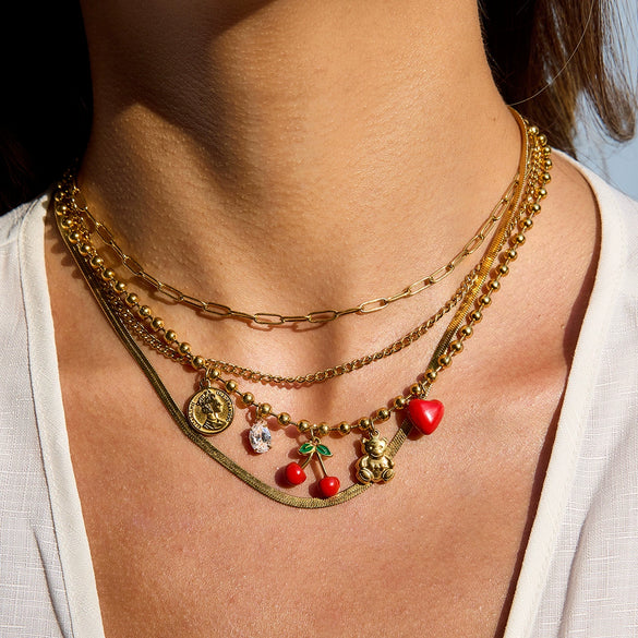 Women's Fruit Shape Stainless Steel Rhinestone Inlaid With Gold Clavicle Chain Necklace Jewelry