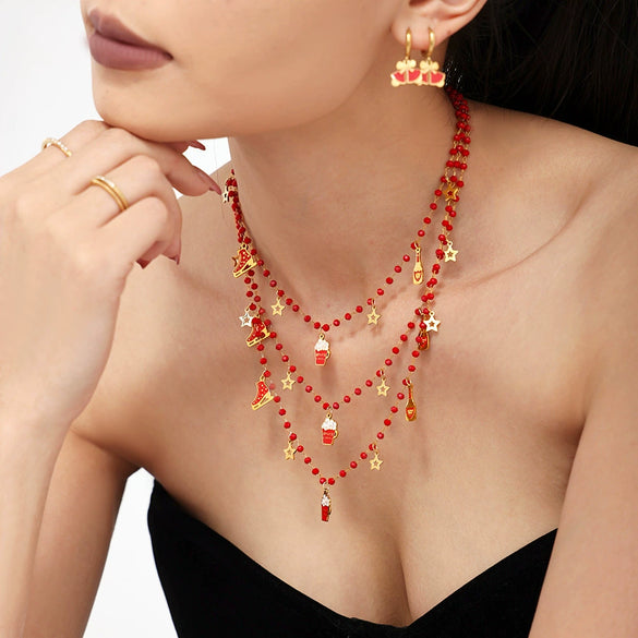 Women's Garnet Beaded Geometric Stainless Steel Necklace And Earrings Set With Electroplated Light Luxury Design