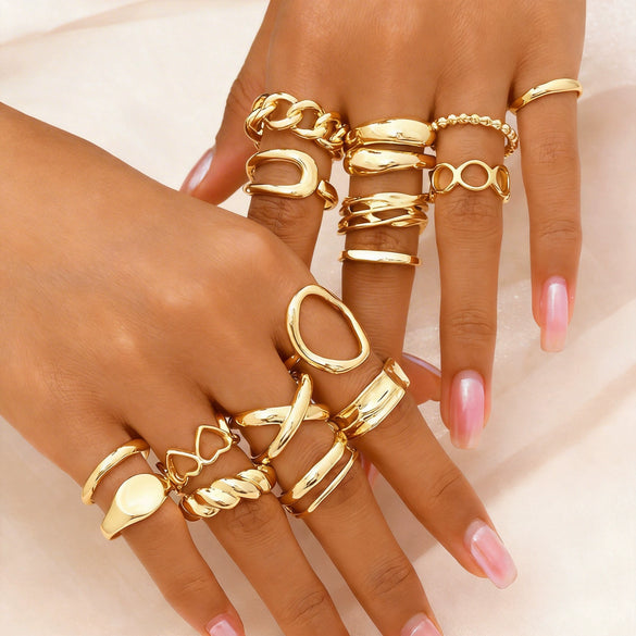 Women's Geometric Adjustable Open Ring Set Zinc Alloy Fashion Rings With Polished Plated Finish