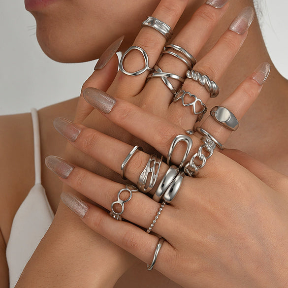 Women's Geometric Adjustable Open Ring Set Zinc Alloy Fashion Rings With Polished Plated Finish