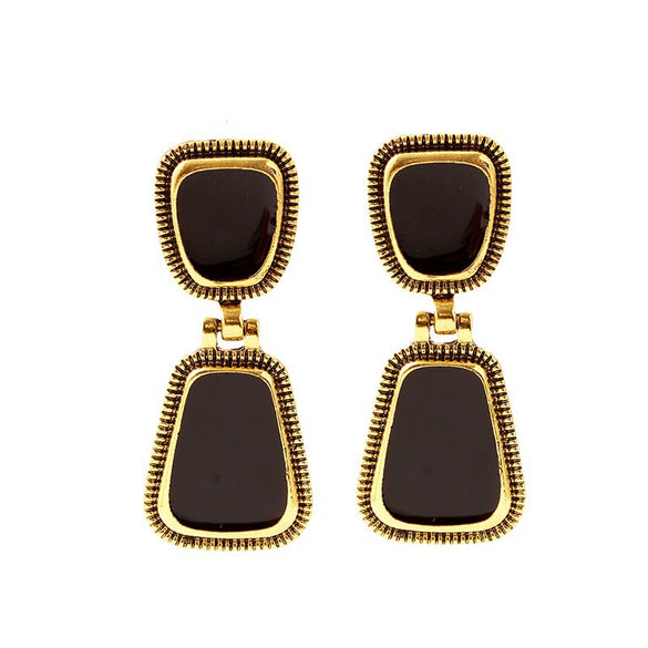 Women's Geometric Alloy Drop Earrings With Antique Goldtone And Black Oil Finish Retro Elegant Ear Hook Jewelry