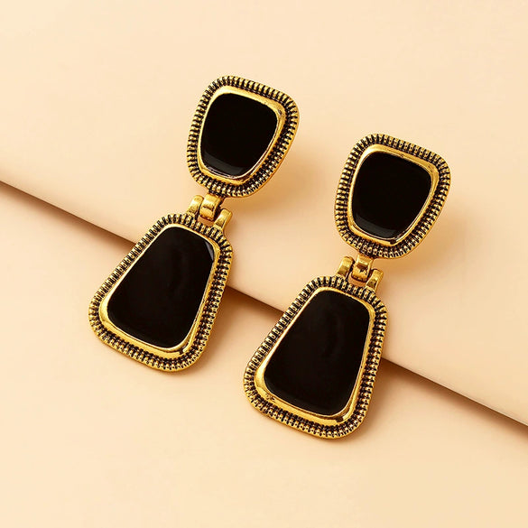 Women's Geometric Alloy Drop Earrings With Antique Goldtone And Black Oil Finish Retro Elegant Ear Hook Jewelry