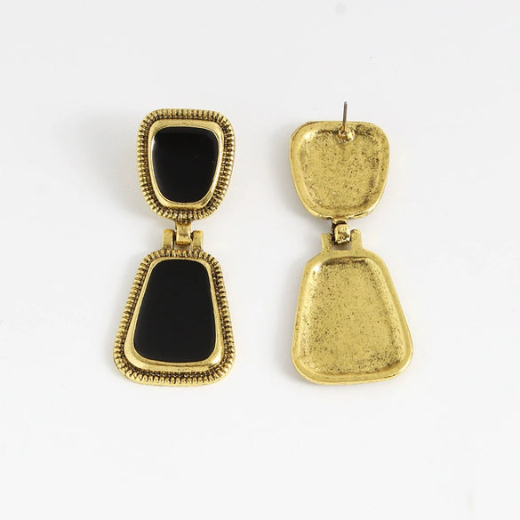 Women's Geometric Alloy Drop Earrings With Antique Goldtone And Black Oil Finish Retro Elegant Ear Hook Jewelry