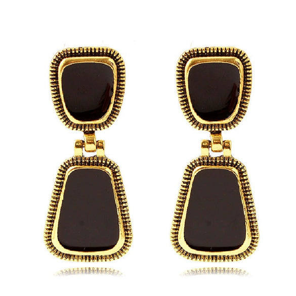 Women's Geometric Alloy Drop Earrings With Antique Goldtone And Black Oil Finish Retro Elegant Ear Hook Jewelry