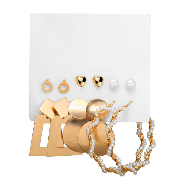 Women's Geometric Alloy Hoop Earrings With Imitation Pearl Accents And Electroplated Finish Multipair Earring Set