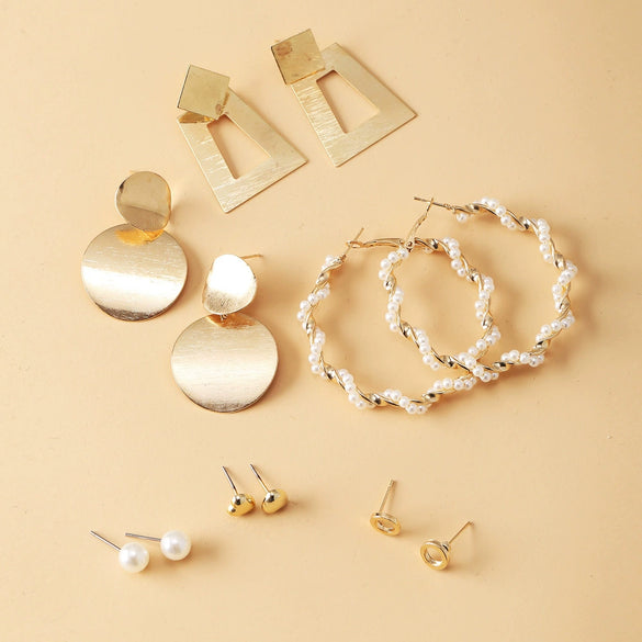 Women's Geometric Alloy Hoop Earrings With Imitation Pearl Accents And Electroplated Finish Multipair Earring Set
