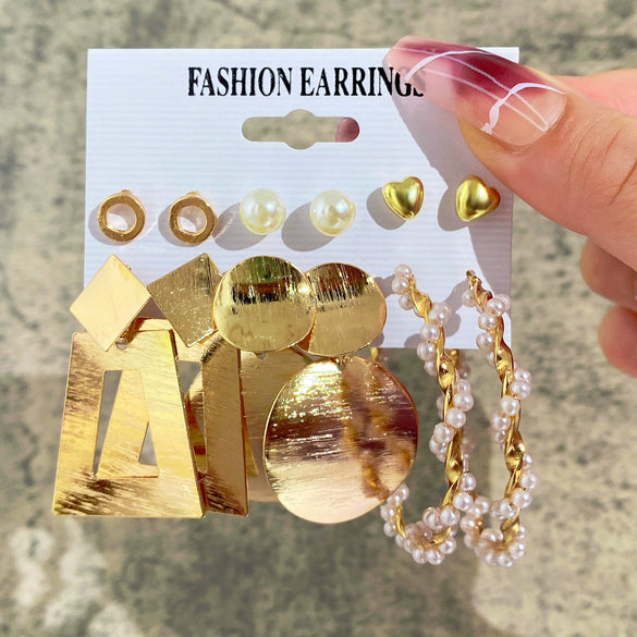 Women's Geometric Alloy Hoop Earrings With Imitation Pearl Accents And Electroplated Finish Multipair Earring Set