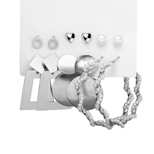 Women's Geometric Alloy Hoop Earrings With Imitation Pearl Accents And Electroplated Finish Multipair Earring Set