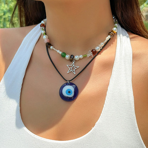 Women's Geometric Alloy Pendant Leather Wax Thread Handmade Clavicle Chain Necklace Jewelry
