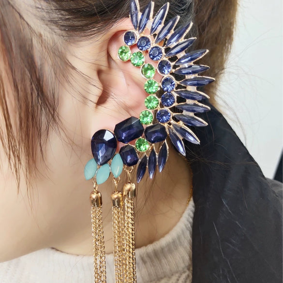 Women's Geometric Alloy Rhinestone Tassel Ear Clip Earrings With Exaggerated Fashion Design