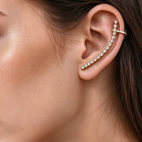 Women's Geometric Arc Alloy Ear Cuff Earrings With Long Zircon Detail Electroplated Finish And Stainless Steel Posts