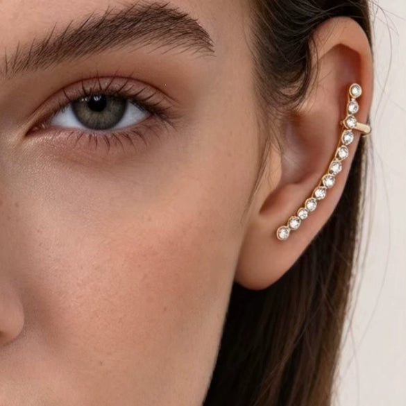 Women's Geometric Arc Alloy Ear Cuff Earrings With Long Zircon Detail Electroplated Finish And Stainless Steel Posts