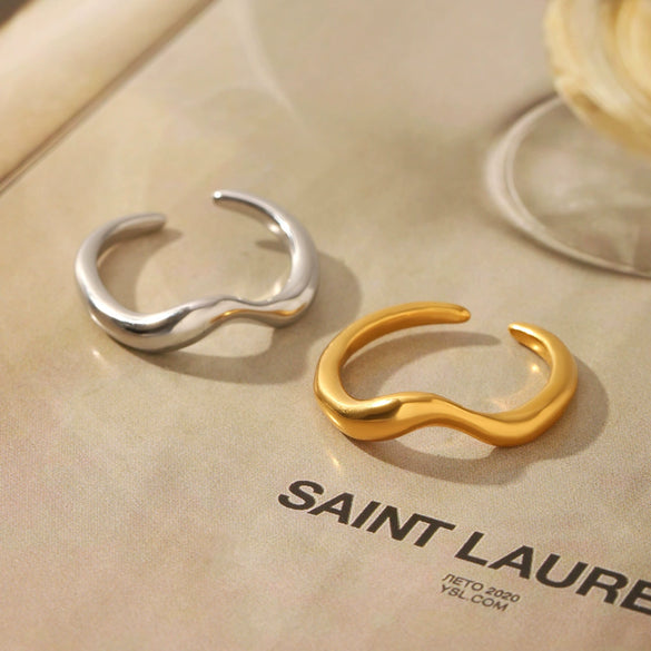 Women's Geometric Asymmetrical Open Ring Ins Style Stainless Steel Wave Pattern Electroplating Pvd Vacuum Plating