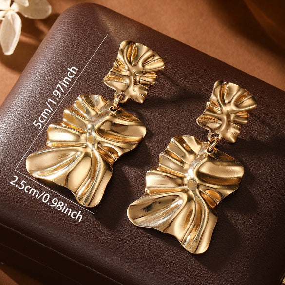 Women's Geometric Asymmetrical Pleated Statement Earrings With Electroplated Iron Design And Stainless Steel Posts