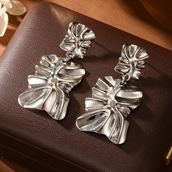 Women's Geometric Asymmetrical Pleated Statement Earrings With Electroplated Iron Design And Stainless Steel Posts