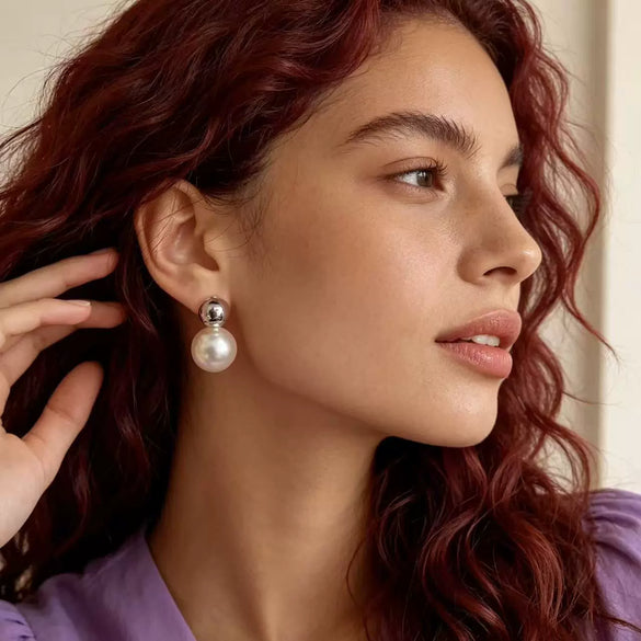 Women's Geometric Ball And Pearl Earrings In Electroplated Copper Elegant Minimalist Highend Jewelry Wholesale