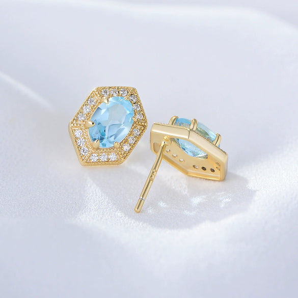 Women's Geometric Blue Natural Topaz Sterling Silver Earrings Set With Precious Stones